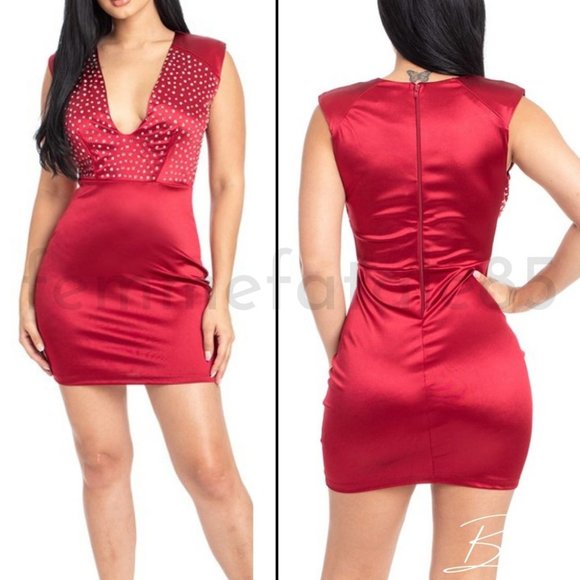 Satin/Silk Crystal Mini Dress Holiday Cocktail Short sleeve shoulder pads - Picture 1 of 15